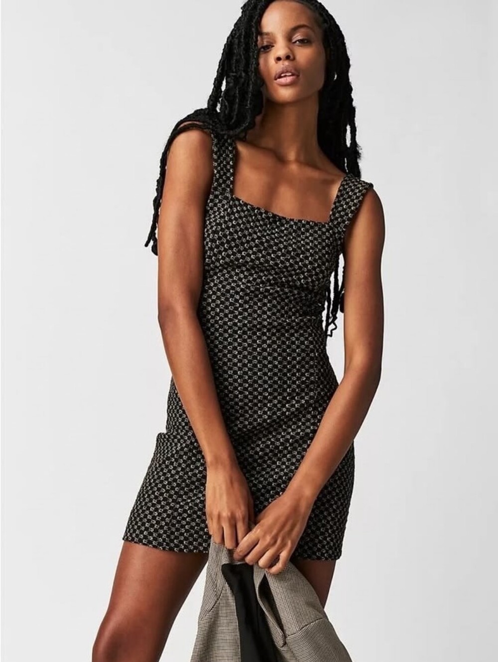 Free People Taking Hearts Mini Dress Black Tan Eyelet Square Neck Sz L Boho 90s